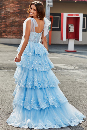 A più livelli Tulle Sweetheart Bow Tie Straps Paillettes Prom Dress con appliques